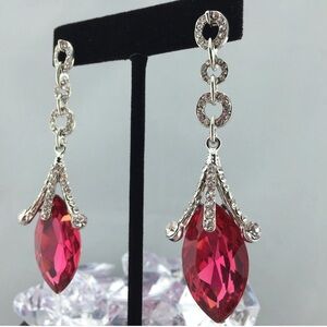 Pageant Clear & Pink Crystal Circle Teardrop Dangle Earrings Silver Tone 3.25” L